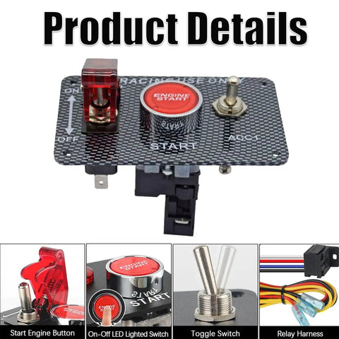 3 In 1 Universal 12V Racing Ignition Switch Panel With Red Start Button And On Off Toggle For Race Car Boat And Truck, carbon fiber