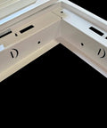 Close-up of Fits 14x24 Duct Opening Steel Return Air Grille With Fixed Hinged Frame for 1 inch filters, white finish angle view