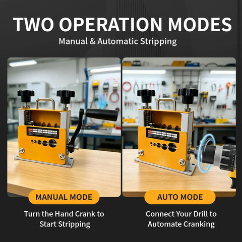 Dual Mode Wire Stripping Machine With Six Precision Blades And Five Heavy Duty Cutters Effortlessly Sheds Cable Jackets, showing manual and auto modes.