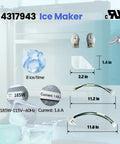Diagram of Icemaker Kit For Refrigerator W10190965 Replacement Part with dimensions, ice capacity, and wattage details included.