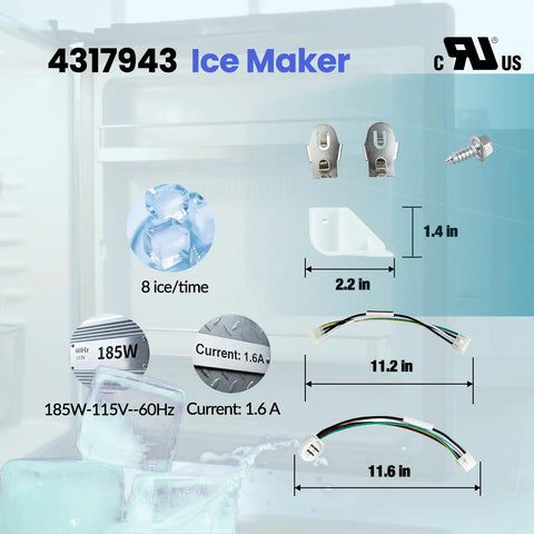 Diagram of Icemaker Kit For Refrigerator W10190965 Replacement Part with dimensions, ice capacity, and wattage details included.