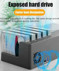 Rock Solid Five Bay Hard Drive Docking Station With Offline Clone Mode And Blazing 5Gbps Type C showing exposed drives for better heat dissipation.