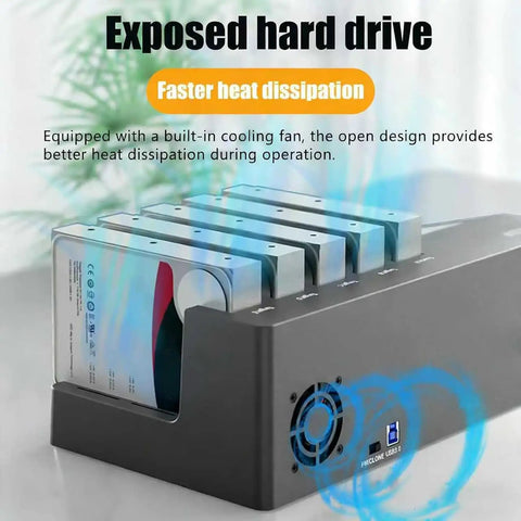 Rock Solid Five Bay Hard Drive Docking Station With Offline Clone Mode And Blazing 5Gbps Type C showing exposed drives for better heat dissipation.