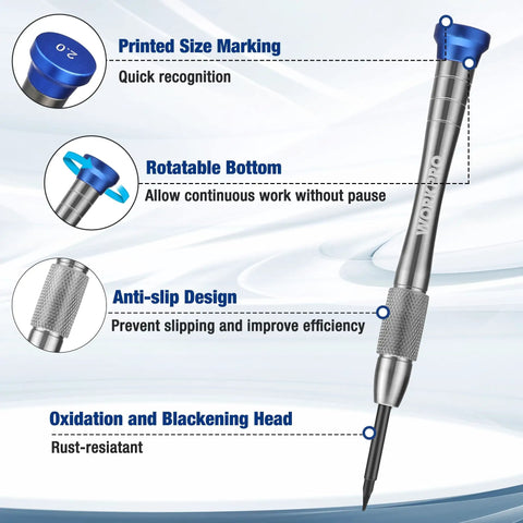 Magnetic Precision Screwdriver Set 6 Piece Mini Repair Kit With S2 Alloy Steel Bits Includes 3 Phillips PH00 PH0 PH1 And 3 Slotted SL1.5 SL2.0 SL2.5 For Phone Computer Watch Eyeglasses And Electronics features anti-slip design and rotatable bottom.