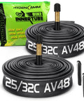 Inner Tube 700C Set with AV48 Schrader Valve Butyl for 700x25C to 700x32C includes 2 tire levers, black rubber construction.