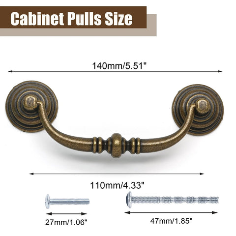 Vintage Rustic Zinc Alloy Drawer Pull Handles 6 Pack With 110mm Hole Centers, showing size dimensions and screws.