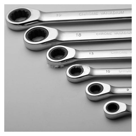 Close-up of a Double Head Ratchet Spanner Set for 8mm to 19mm Nuts and Bolts showing multiple sizes and chrome vanadium alloy.