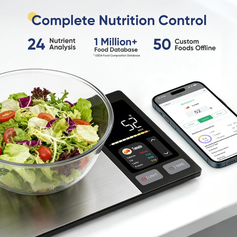 Salad on Digital Kitchen Scale With Nutrient Calculator And Bluetooth App Tracking 24 Nutrients For Meal Prep And Weight Loss Premium Stainless