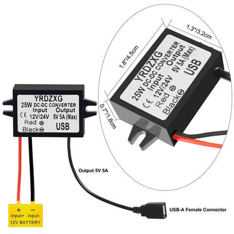 USB Output 5V Buck Converter Module For 12V Or 24V DC Power, Fixed 5V Regulated Supply Up To 5A 25W, compact design with wiring