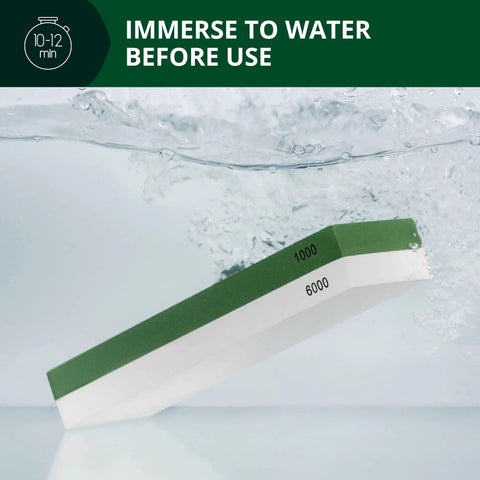 Dual Grit Whetstone Knife Sharpening Stone 1000 And 6000 immersed in water, showing grit numbers on green and white stone surface