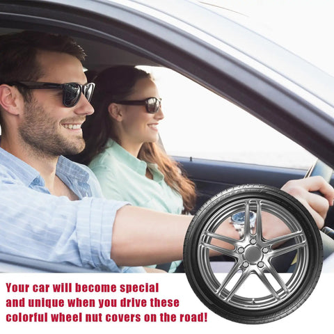 Couple driving with 20 Pack 19 Millimeter Wheel Nut Covers With Removal Tool For Lug Bolts Silver shown on wheel