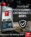 Top-Tier Full Synthetic DCT ATF Transmission Fluid OEM Grade bottle on automotive workshop table