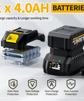 Cordless Heat Gun Kit With Dual Temp Up To 1022 F, 550 C showing two 4.0Ah batteries with protection features