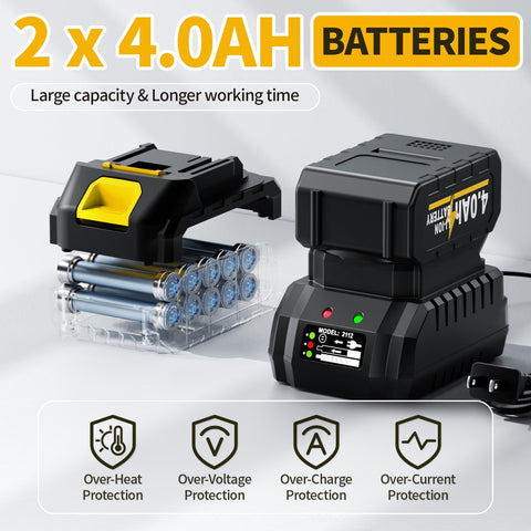Cordless Heat Gun Kit With Dual Temp Up To 1022 F, 550 C showing two 4.0Ah batteries with protection features