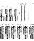 SALI 13-piece annular cutter set with Weldon shanks; includes two pilot pins and an Allen key for magnetic drill.