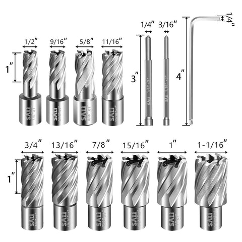 SALI 13-piece annular cutter set with Weldon shanks; includes two pilot pins and an Allen key for magnetic drill.