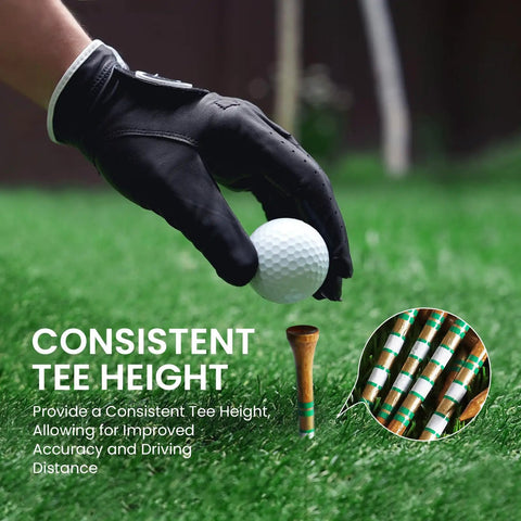 Western Birch Wood Golf Tees 100 Pack With Four Lengths 1.5 Inch, 2 Inch, 2.75 Inch, 3.25 Inch Durable Stable Tees With Smooth Surface For Men And Women Golfers Brown Gold And Green shown with glove and golf ball