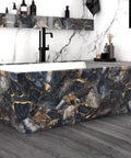 Luxurious bathroom with peel and stick marble black countertop and shelf liner, waterproof self adhesive for DIY updates