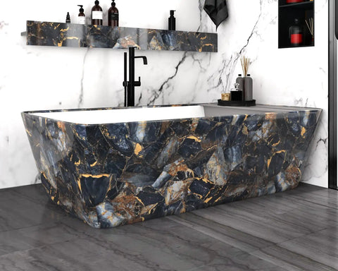 Luxurious bathroom with peel and stick marble black countertop and shelf liner, waterproof self adhesive for DIY updates