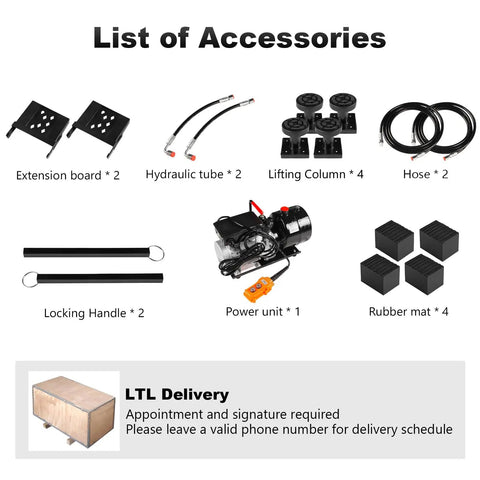 8,000-Lb Portable Car Lift With Heavy Duty Hydraulic Quick Jack accessories including tubes, handles, and power unit