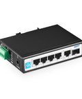 Six Port Mini Gigabit Industrial DIN Rail Switch with Ethernet Ports and Gigabit SFP, black metal casing, front perspective