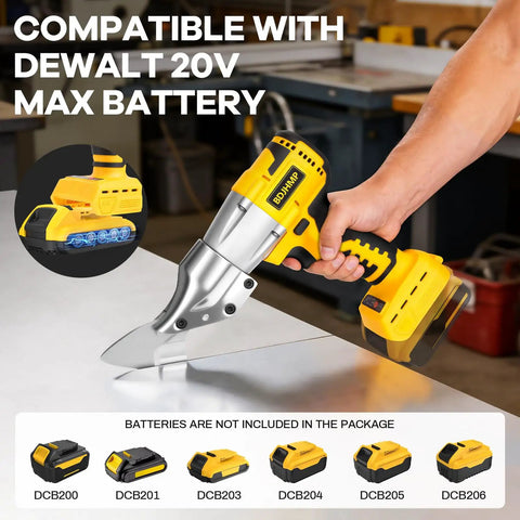 Cordless 20V Max Metal Shears, Heavy Duty Brushless Cutter For Stainless Steel and Iron, shown cutting metal sheet