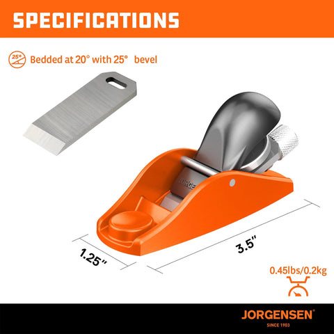 Jorgensen No.101 mini hand planer with orange ductile-iron body, silver blade, adjustable depth