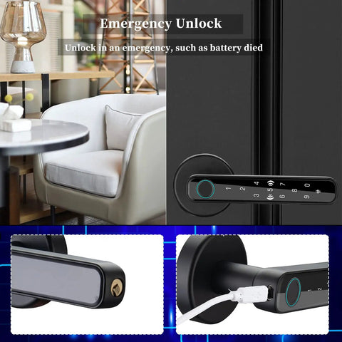 Biometric Keyless Entry Lock With Passcode And Remote Code Sharing for home with emergency unlock feature visible in close-up.