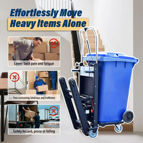Top Notch Electric Stair Climber Hand Truck With 300kg Capacity And Powerful 850W Motor next to a blue trash bin, designed for heavy lifting.