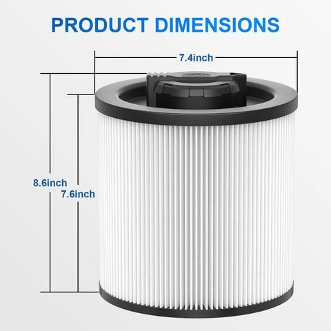 2 Pack Cartridge Filter Replacement For 6-16 Gallon Wet Dry Vacs Fits DXV06P Through DXV16P Shop Vacs, showing dimensions.
