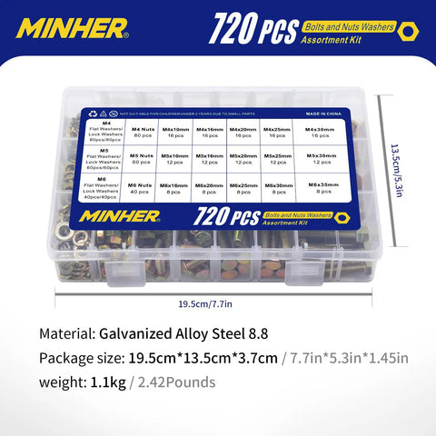 Box of 720 Pieces M4 M5 M6 Bolts And Nuts Kit With Hex Screws And Washers Grade 8.8 Alloy Steel Corrosion Resistant for DIY.