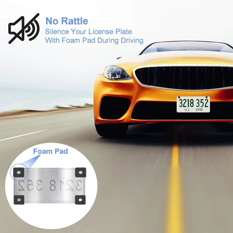 Close-up of Eight Sets Premium Stainless Steel License Plate Screws Kit For Most Cars And Trucks Rust Proof And Anti Rattle Bolts in black finish with foam pad, shown with a car.