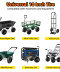 Universal 10 inch tire compatible carts including dump wagons, utility carts, hand trucks, wheelbarrows, generators, garden hose carts.