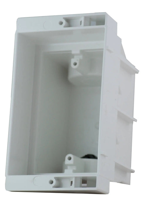 White DVFR1W-1 Recessed Electrical Outlet Mounting Box for single gang walls with textured paintable trim plate