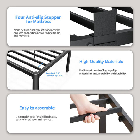 Heavy Duty King Bed Frame Built Like A Tank With 3500 Pound Capacity, showing anti-slip stoppers and sturdy slat design.