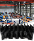 Built Tough Flexible Telescopic Protective Cover For CNC Linear Guides shown in a factory setting, with a folded view of the cover and industrial background.