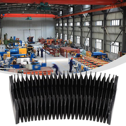 Built Tough Flexible Telescopic Protective Cover For CNC Linear Guides shown in a factory setting, with a folded view of the cover and industrial background.