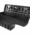 Heavy Duty Left Side Truck Toolbox For Chevy Silverado 1500 And Gmc Sierra 1500 black hardcase with open lid for tool storage.