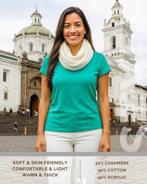Woman wearing Ultra Cozy Winter Cashmere Infinity Scarf In Beige, Plush Soft Knit Wrap For Cold Weather, standing outdoors.