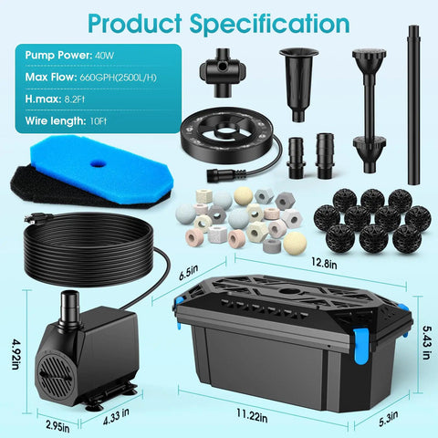 RGB Pond Filter With Pump Fountain Kit 660 GPH Pond Filter Box With 40 W Pump And Auto Cycle LED Lights components display