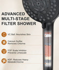 FAROLAN Shower Faucet Set showing advanced multi-stage filter for shower with detailed components and black design.