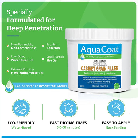 Fast Drying White Wood Grain Filler Gel For Cabinets in quart container, water-based, eco-friendly, for quick wood restoration.
