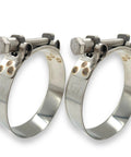 Pair of 304 stainless steel T-bolt hose clamps with wide band, 86–91 mm range, front view.