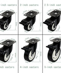 Set Of 4 Heavy Duty Polyurethane Castor Wheels 40mm With Dual Locking Brakes And Precision Ball Bearings showing various caster sizes and measurements.