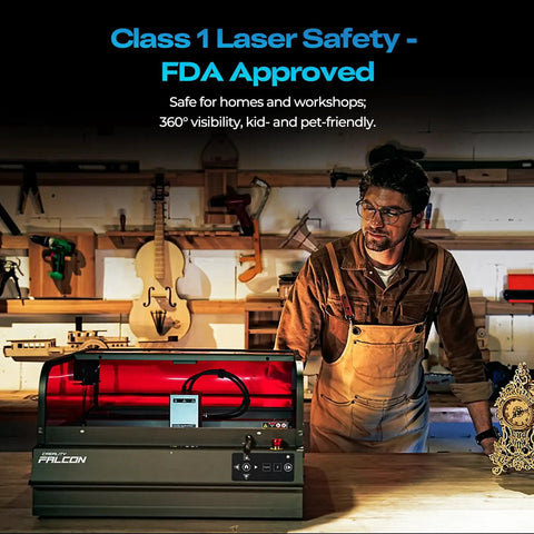 Workspace with Falcon2 Pro S 22W Laser Engraver With Z Axis Auto Focus And Auto Cut Through Fully Integrated Enclosure