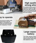 Heavy Duty Portable Electric Strapping Machine For 12-19 Mm PP PET Plastic Bands Handheld Automatic Baler Tool With Dual 6000 Mah Batteries showing operation and battery details.