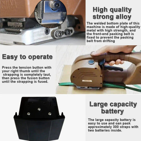 Heavy Duty Portable Electric Strapping Machine For 12-19 Mm PP PET Plastic Bands Handheld Automatic Baler Tool With Dual 6000 Mah Batteries showing operation and battery details.