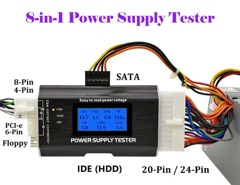 Your Go-To 8-In-1 Power Supply Tester for PC Builds with ATX 20-24 Pin, IDE HDD SATA, PCIe 6-Pin, EPS 8-Pin, Floppy 4-Pin shown with cables