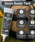 120ml Tent Seam Sealer Waterproof Sealant For Quick Repairs, tube against backpack in camping setting with benefits icons