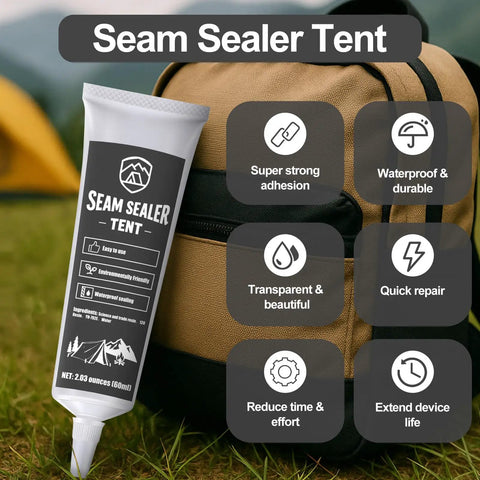 120ml Tent Seam Sealer Waterproof Sealant For Quick Repairs, tube against backpack in camping setting with benefits icons